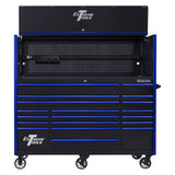 Extreme Tools RX Series 72in W x 30in D Pro Hutch & 19-Drawer Roller Cabinet Combo, Black/Blue