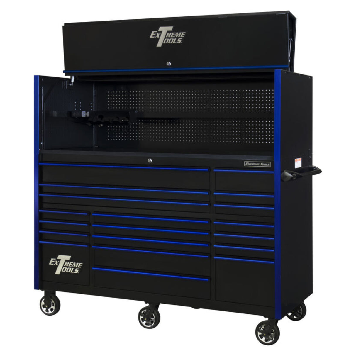 Extreme Tools RX Series 72in W x 30in D Pro Hutch & 19-Drawer Roller Cabinet Combo, Black/Blue