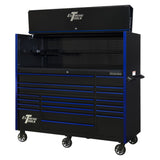 Extreme Tools RX Series 72in W x 30in D Pro Hutch & 19-Drawer Roller Cabinet Combo, Black/Blue