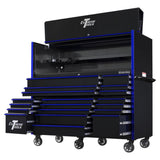 Extreme Tools RX Series 72in W x 30in D Pro Hutch & 19-Drawer Roller Cabinet Combo, Black/Blue