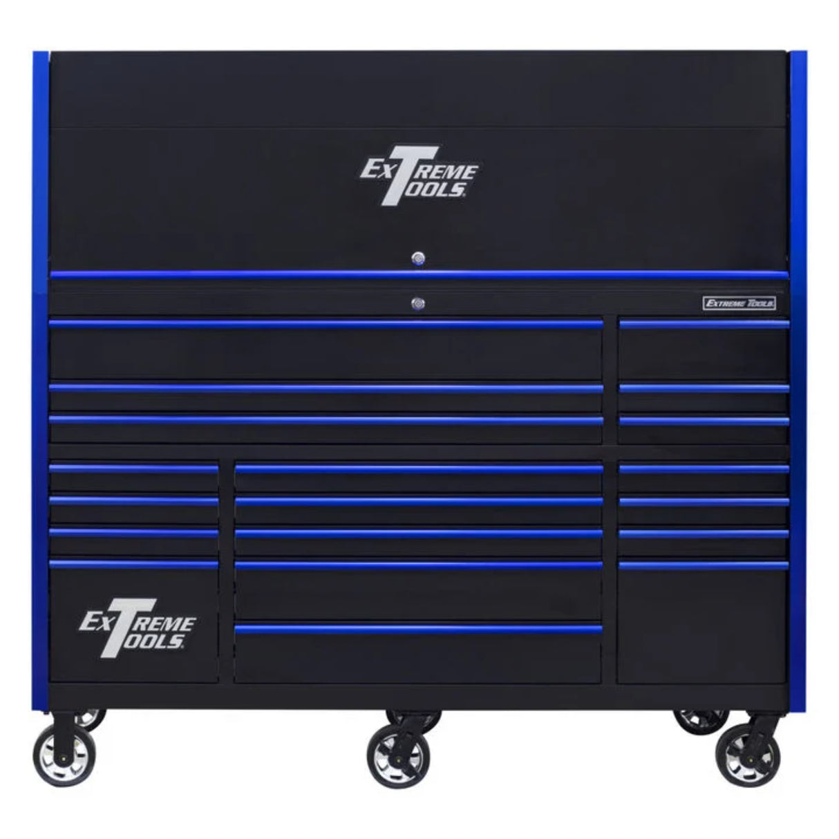 Extreme Tools RX Series 72in W x 30in D Pro Hutch & 19-Drawer Roller Cabinet Combo, Black/Blue