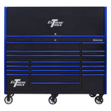 Extreme Tools RX Series 72in W x 30in D Pro Hutch & 19-Drawer Roller Cabinet Combo, Black/Blue