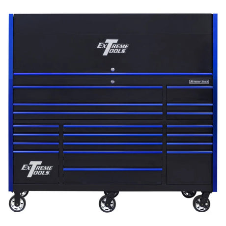 Extreme Tools RX Series 72in W x 30in D Pro Hutch & 19-Drawer Roller Cabinet Combo, Black/Blue