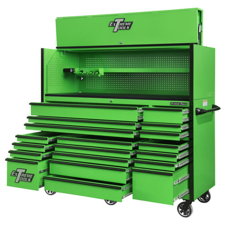 Extreme Tools RX Series 72in W x 30in D Pro Hutch & 19-Drawer Roller Cabinet Combo, Green/Black