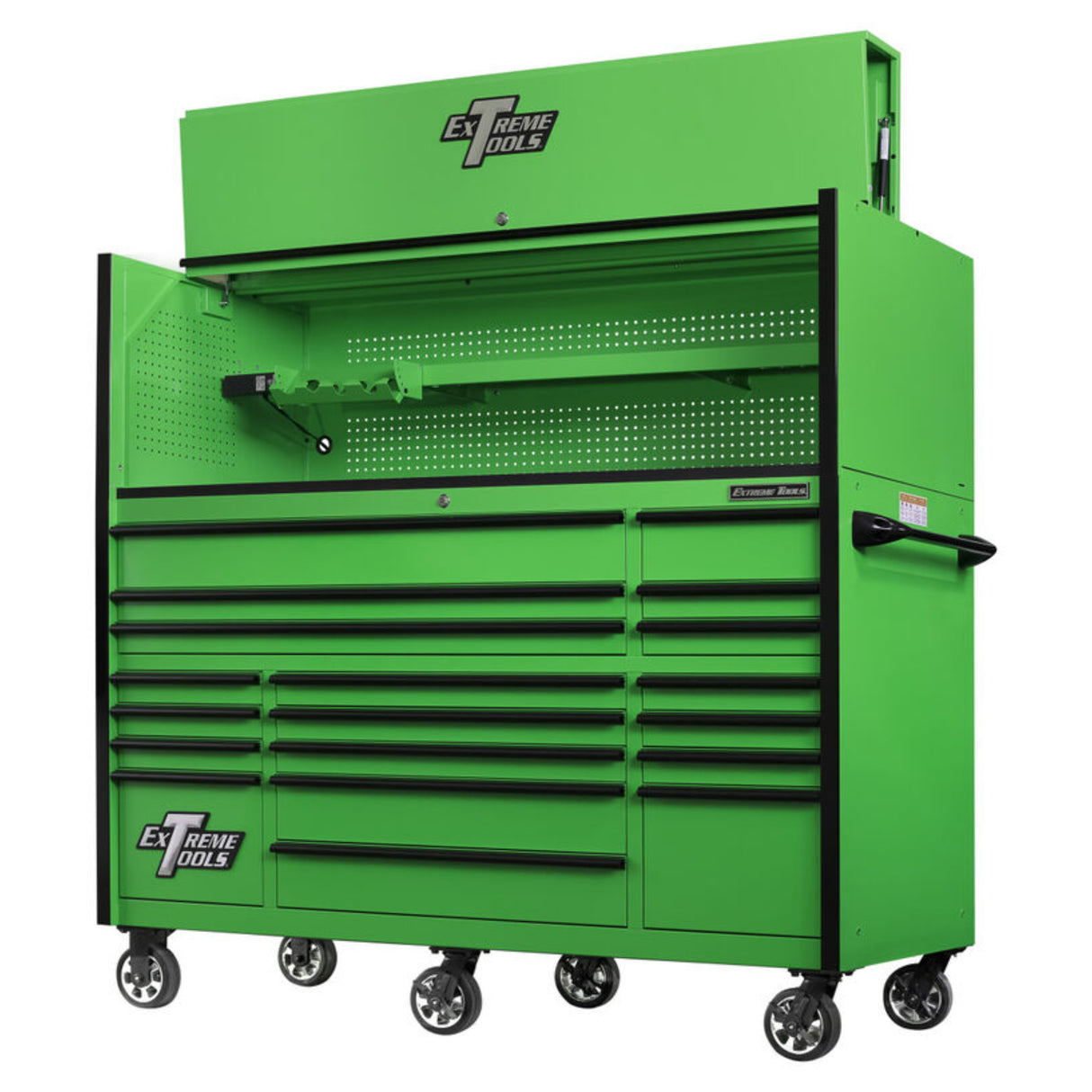 Extreme Tools RX Series 72in W x 30in D Pro Hutch & 19-Drawer Roller Cabinet Combo, Green/Black
