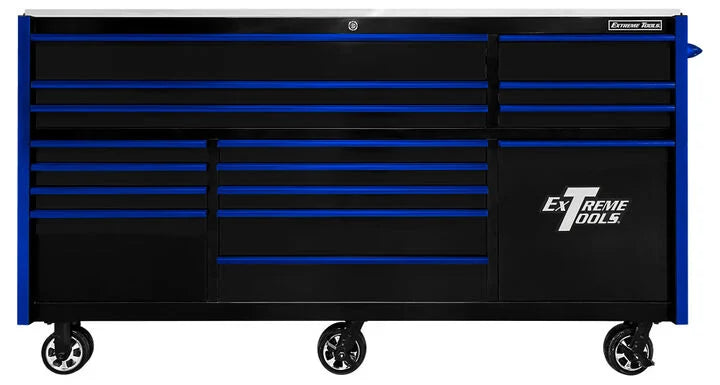 Extreme Tools RX Series 84in W x 30in D 16-Drawer Roller Cabinet with Power Tool Drawer, Black/Blue