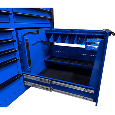 Extreme Tools RX Series 84in W x 30in D 16-Drawer Roller Cabinet with Power Tool Drawer, Blue/Black