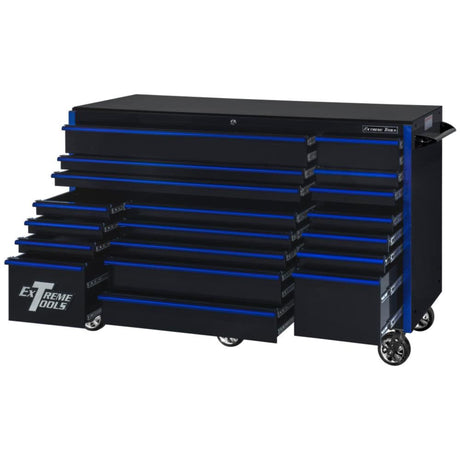 Extreme Tools RX Series 72in W x 30in D 19-Drawer Roller Cabinet, Black/Blue