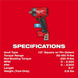 Milwaukee M18 FUEL 1/2 in Controlled Torque Compact Impact Wrench (Bare Tool) with TORQUE-SENSE Pin Detent