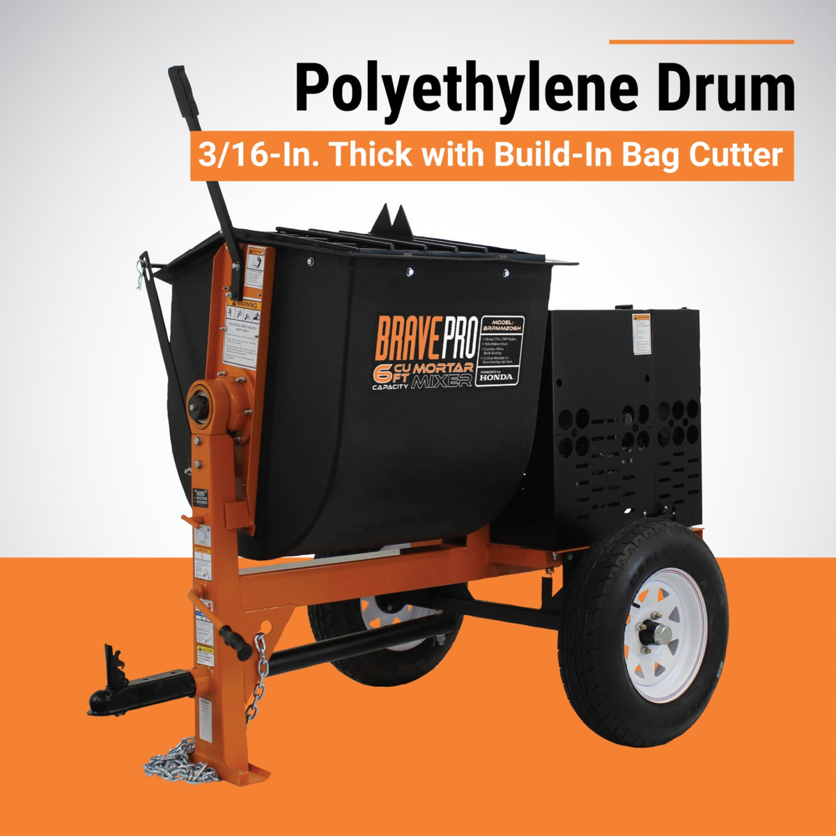 BravePro Mortar Mixer — 6 Cu. Ft. Poly Drum, Honda GX240