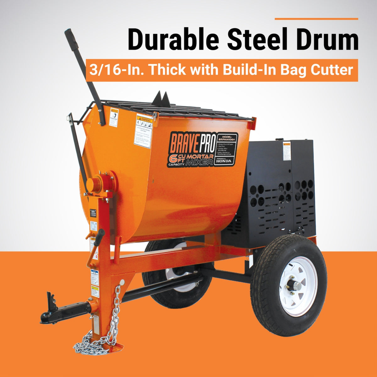 BravePro Mortar Mixer — 8 Cu. Ft. Steel Drum, Honda GX240