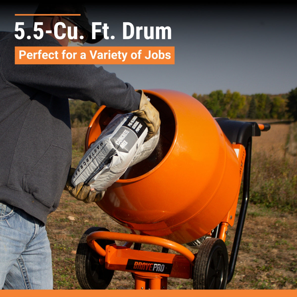 BravePro MIXZR Direct Drive Cement Mixer — 5.5 Cu. Ft. Steel Drum, GPE211005