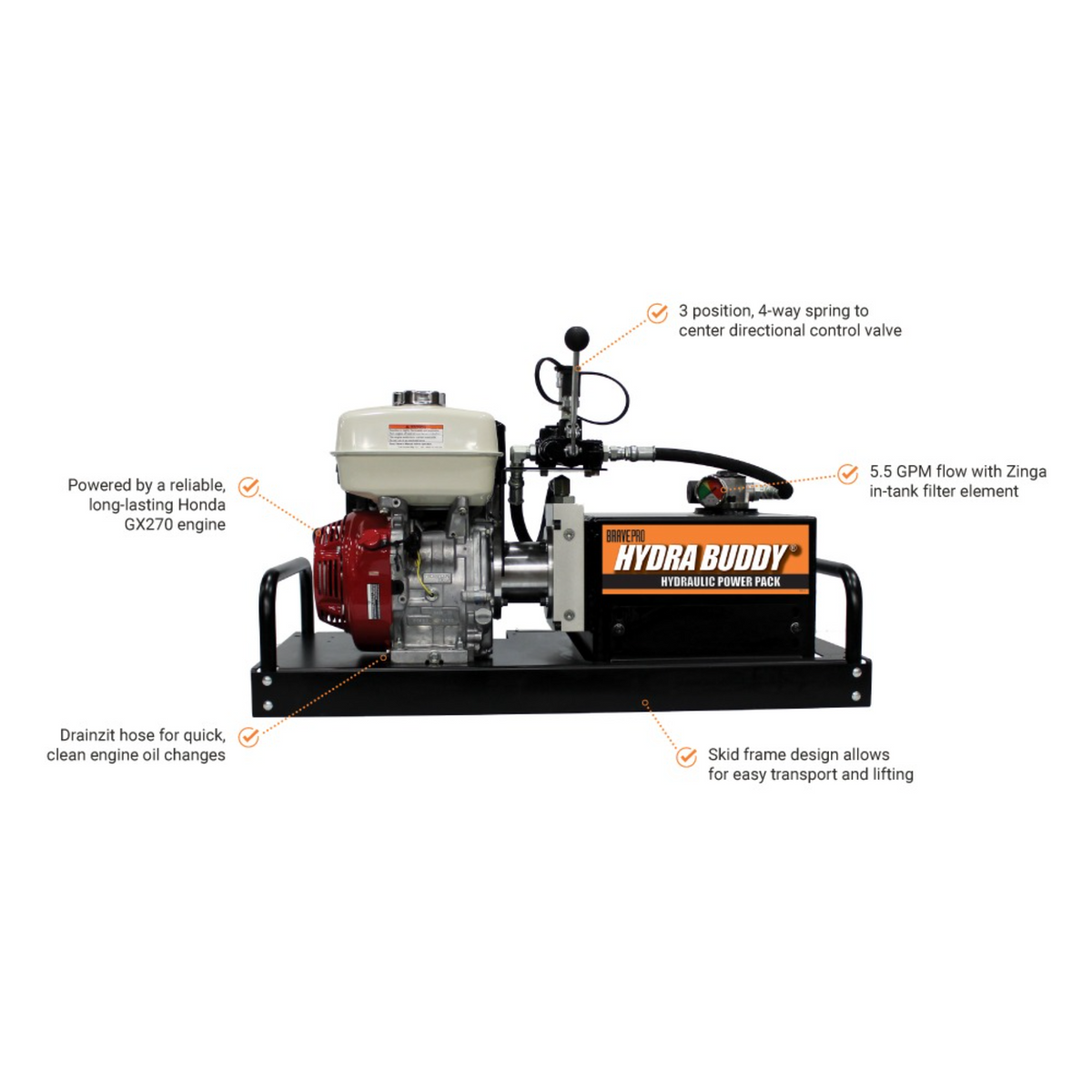 BravePro Hydra Buddy Hydraulic Power Pack — 2,000 PSI, 5.5 GPM, Honda GX270 Recoil Start