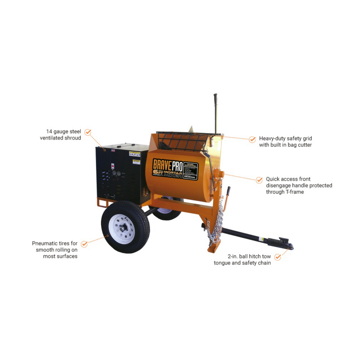 BravePro Mortar Mixer — 6 Cu. Ft. Steel Drum, Honda GX240