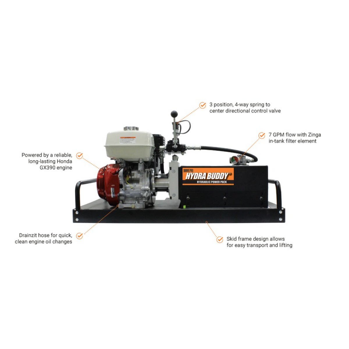 BravePro Hydra Buddy Hydraulic Power Pack — 2,000 PSI, 7 GPM, Honda GX390 Recoil Start