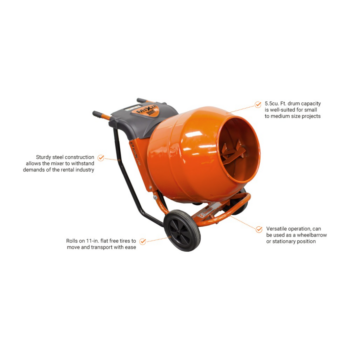 BravePro MIXZR Direct Drive Cement Mixer — 5.5 Cu. Ft. Steel Drum, GPE211005