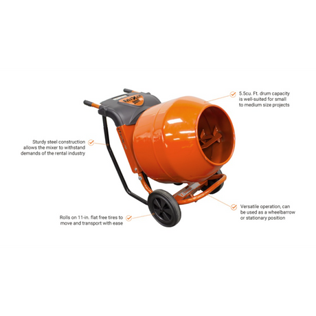 BravePro MIXZR Direct Drive Cement Mixer — 5.5 Cu. Ft. Steel Drum, GPE211005