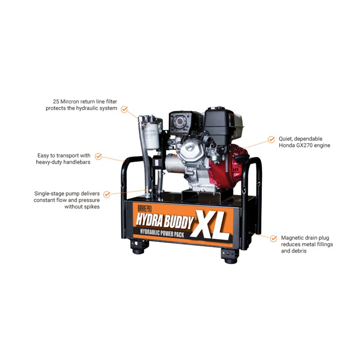 BravePro Hydra Buddy Hydraulic Power Pack — 1,500 PSI, 7 GPM, Honda GX270 Recoil Start