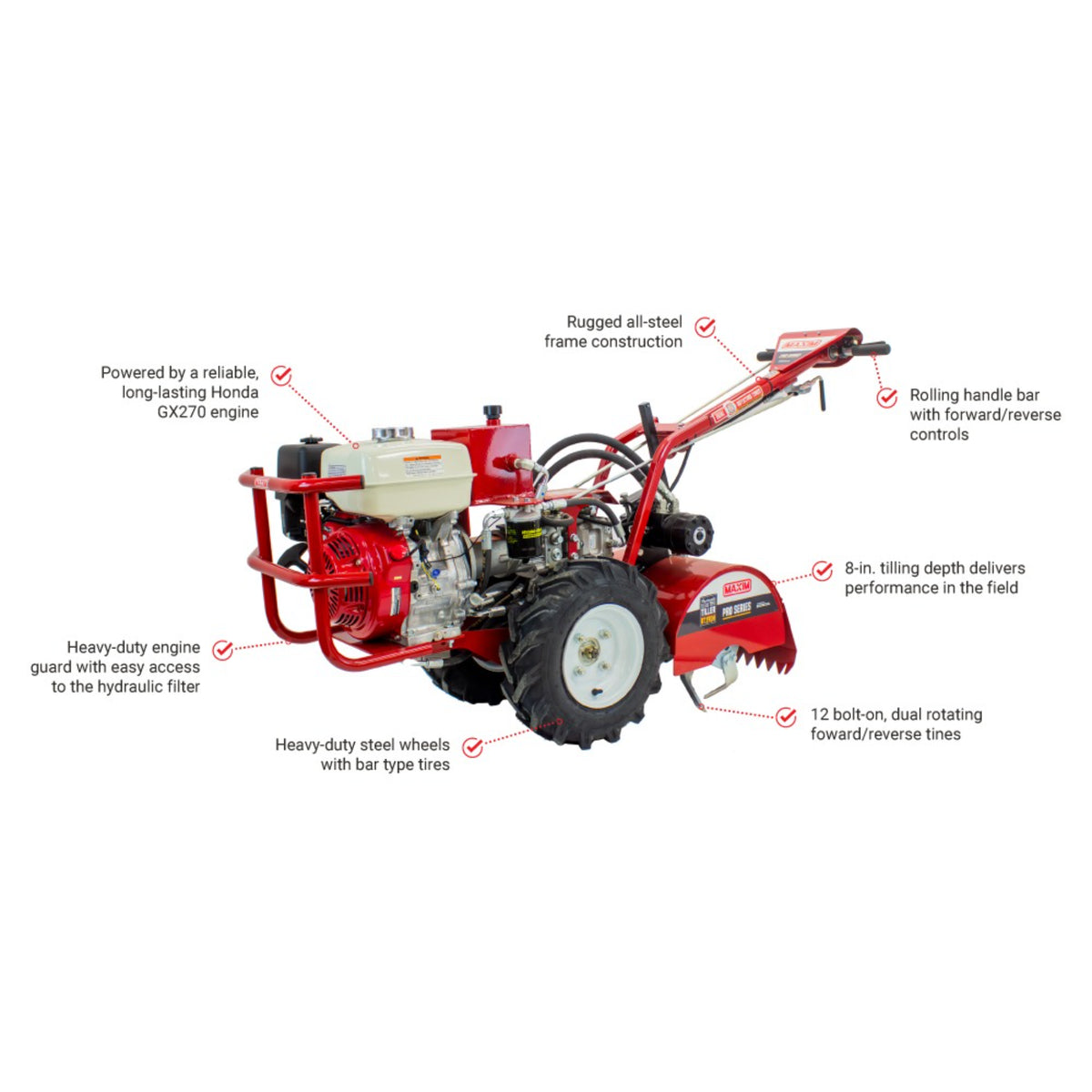 Maxim RT190H Rear Tine Hydraulic Tiller – Honda GX270, 18 in.