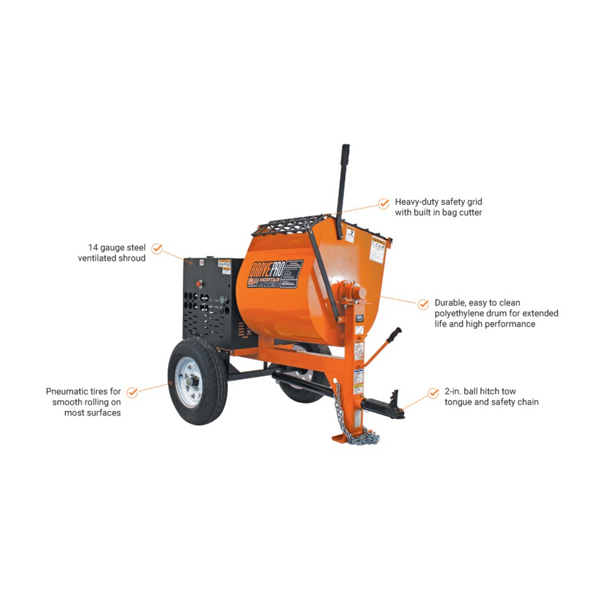 BravePro Mortar Mixer — 8 Cu. Ft. Steel Drum, Honda GX240