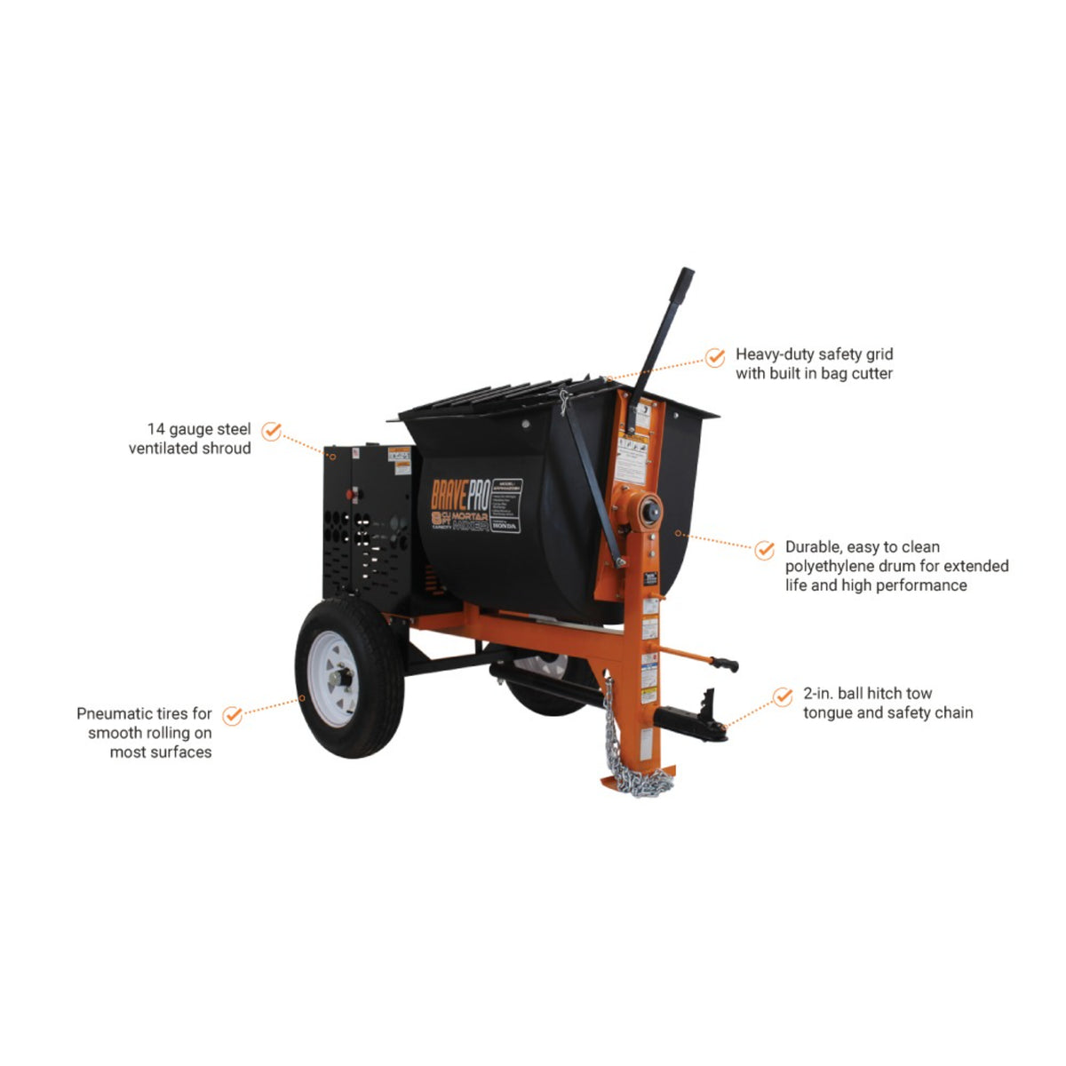 BravePro Mortar Mixer — 8 Cu. Ft. Poly Drum, Honda GX240