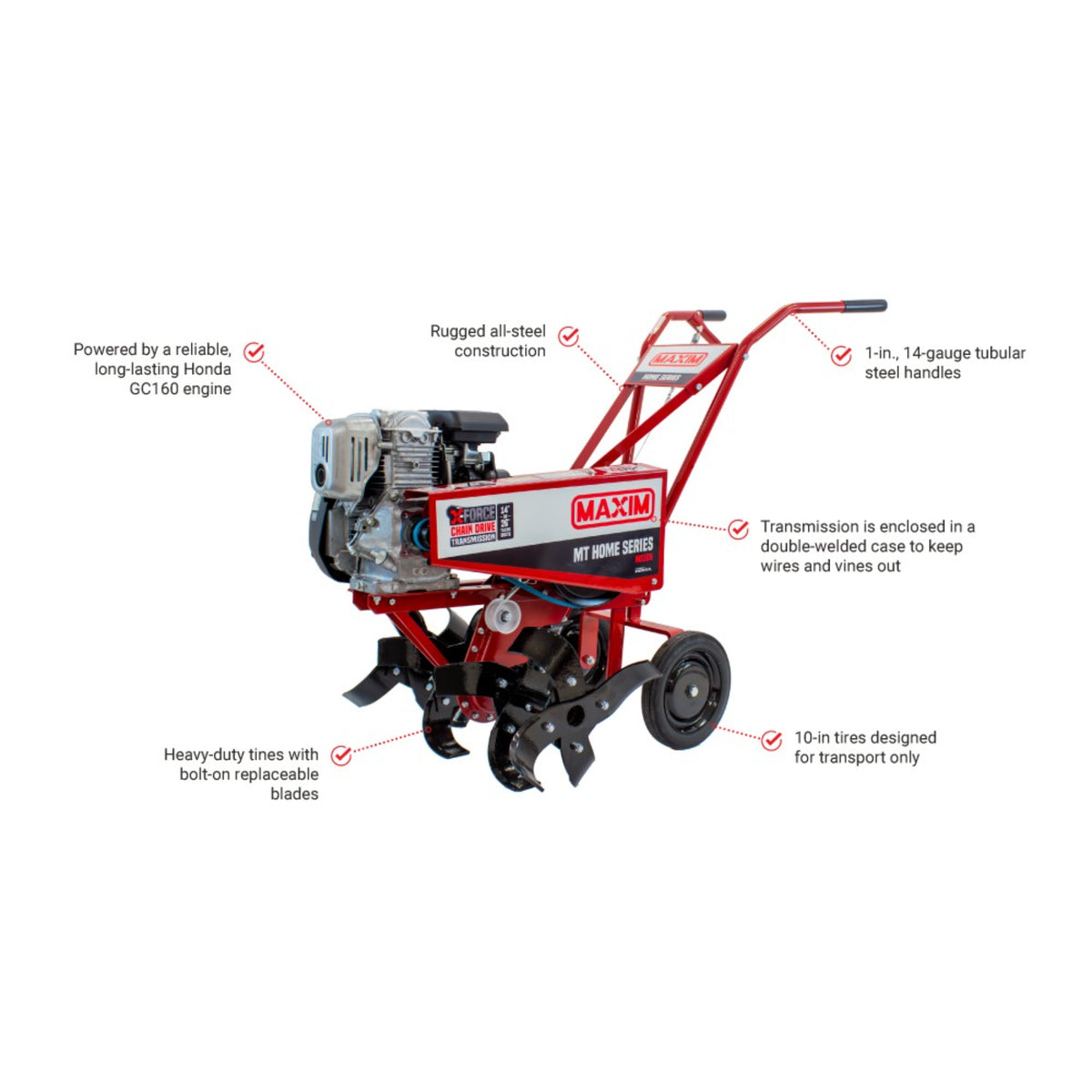 Maxim MS50H Mid Size Tiller, Honda GC160, Adjustable Tilling Width