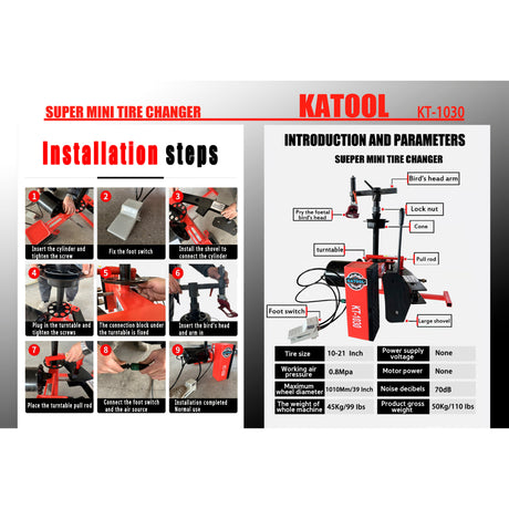 Katool KT-1030P 10"-21" Rims Mini Tire Changer Machine