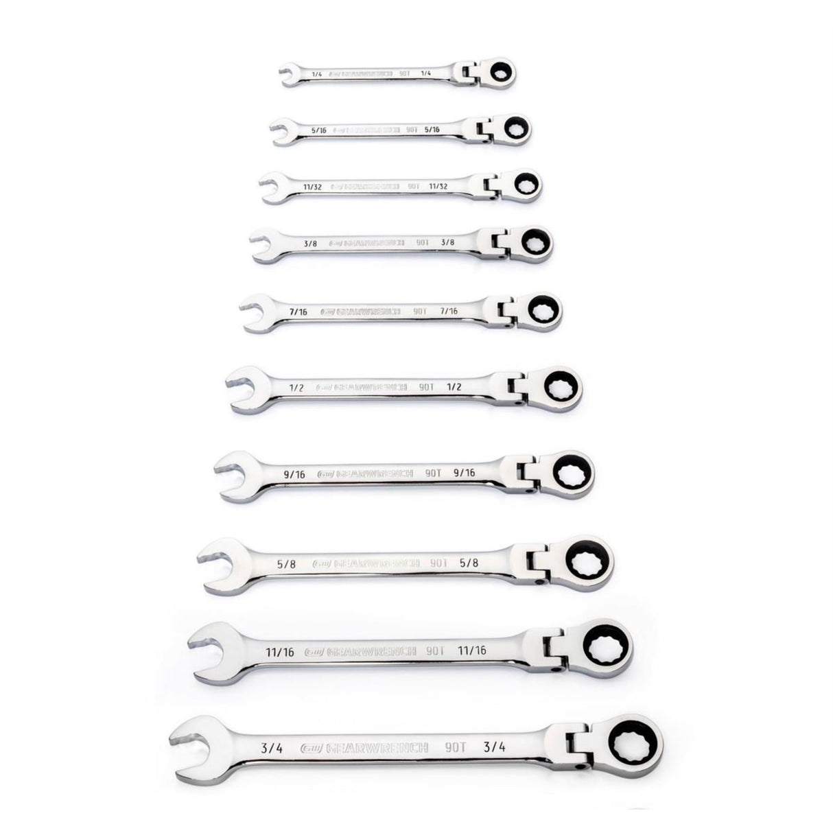 GearWrench 86758 10-Pc 90-Tooth 12-Point Flex Head Ratcheting Wrench Set — SAE