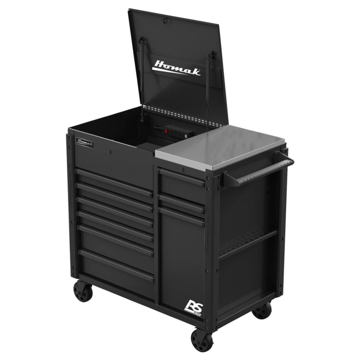 Homak 44" RS Pro 9-Drawer Flip-Top Power Service Cart — Stainless Worksurface, 4 Outlets + 2 USB
