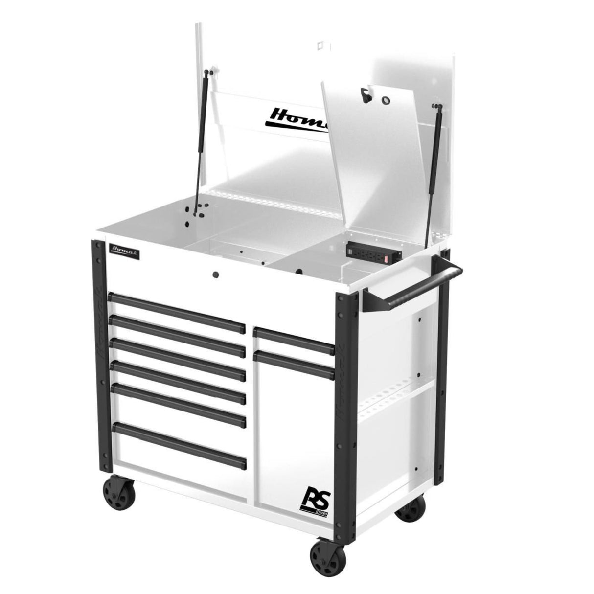 Homak 44" RS Pro 8-Drawer Power Service Cart — Charging Drawer, Lockable Top Till, 100 lb Slides