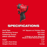 Milwaukee M12 FUEL 1/4 Inch Subcompact Impact Wrench with Friction Ring (Bare Tool)