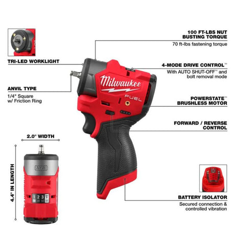 Milwaukee M12 FUEL 1/4 Inch Subcompact Impact Wrench with Friction Ring (Bare Tool)