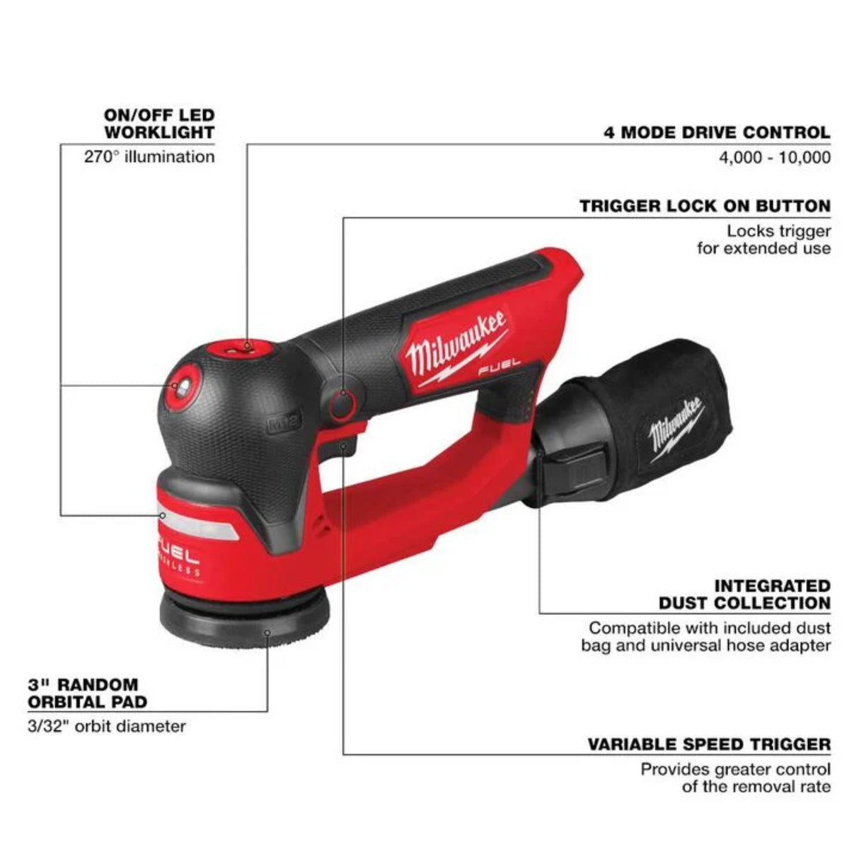 Milwaukee M12 FUEL 3 Inch Random Orbital Detail Sander (Bare Tool)
