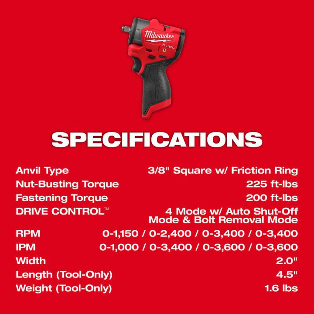 Milwaukee M12 FUEL 3/8 Inch Subcompact Impact Wrench with Friction Ring (Bare Tool)