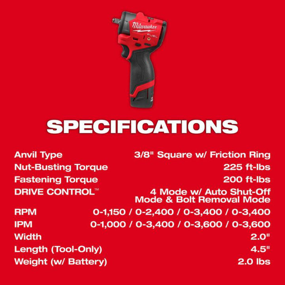Milwaukee M12 FUEL 3/8 Inch Subcompact Impact Wrench with Friction Ring Kit
