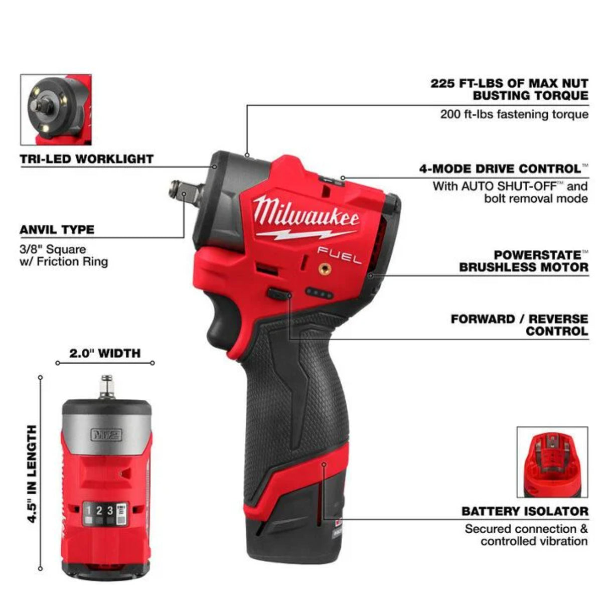 Milwaukee M12 FUEL 3/8 Inch Subcompact Impact Wrench with Friction Ring Kit