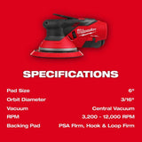 Milwaukee M12 FUEL 6 Inch Random Orbital Sander, 3/16 Inch (Bare Tool)