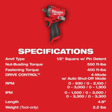 Milwaukee M12 FUEL Stubby 1/2 Inch Impact Wrench with Pin Detent (Bare Tool)