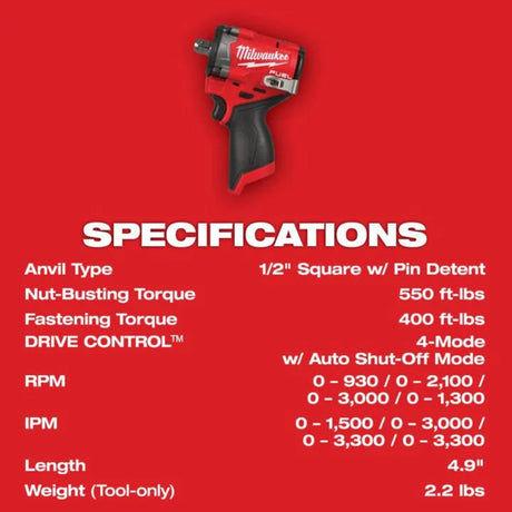 Milwaukee M12 FUEL Stubby 1/2 Inch Impact Wrench with Pin Detent (Bare Tool)