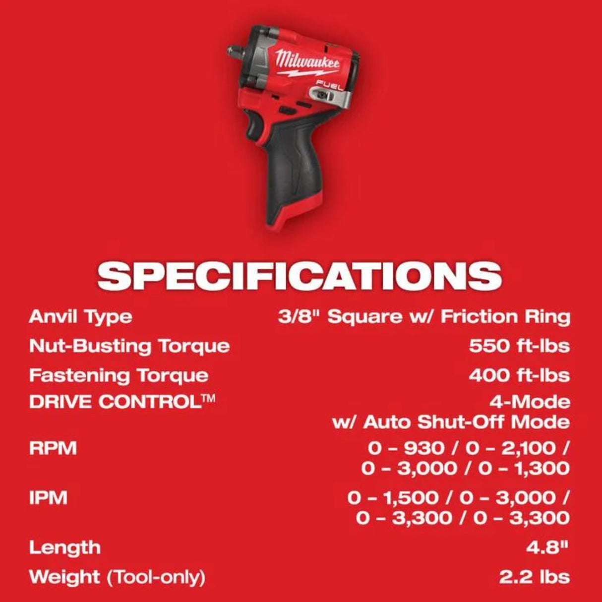 Milwaukee M12 FUEL Stubby 3/8 Inch Impact Wrench (Bare Tool)