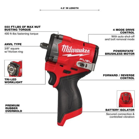 Milwaukee M12 FUEL Stubby 3/8 Inch Impact Wrench (Bare Tool)