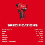 Milwaukee M12 Subcompact Brushless 1/4 Inch Hex Impact Driver (Bare Tool)