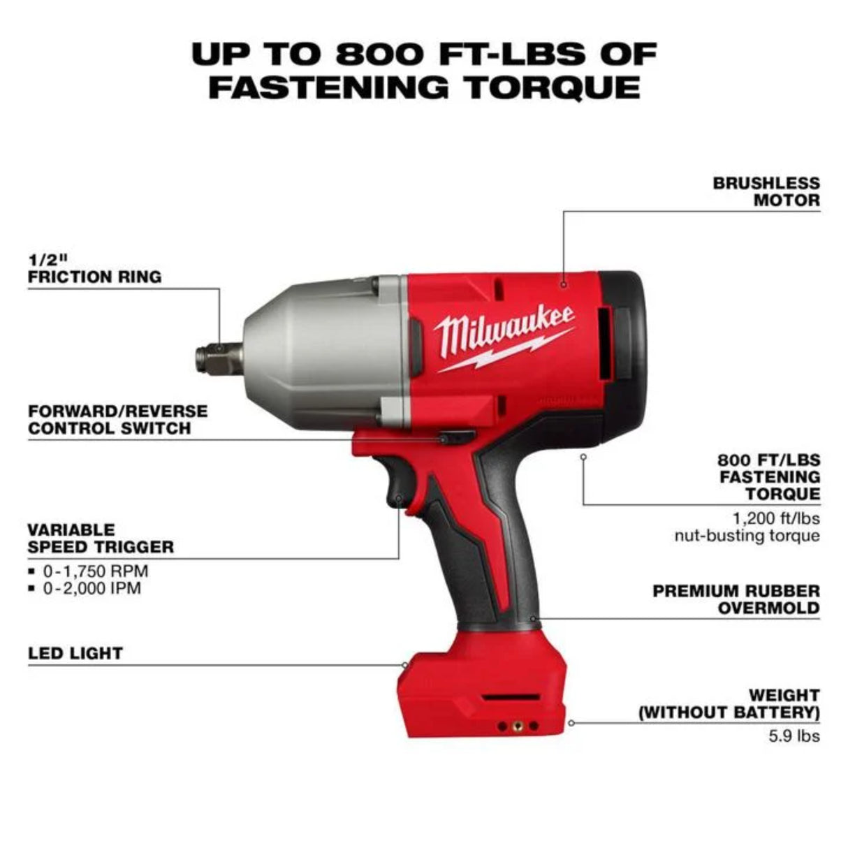 Milwaukee M18 Brushless 1/2 in High Torque Impact Wrench with Friction Ring (Bare Tool)
