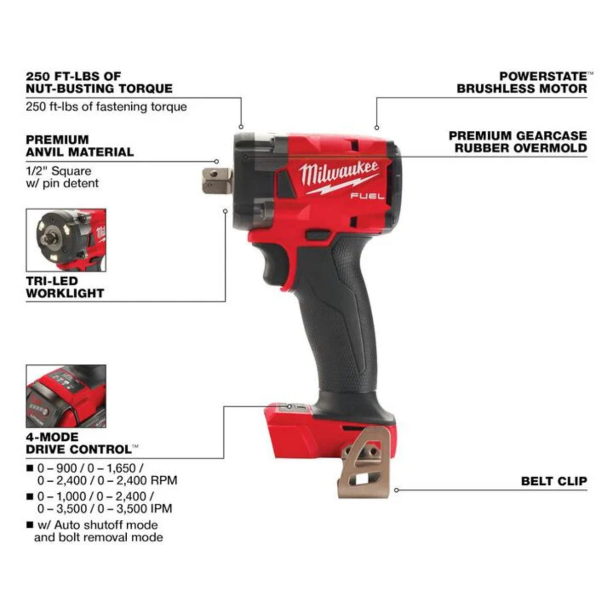 Milwaukee M18 FUEL 1/2 Compact Impact Wrench with Pin Detent (Bare Tool)