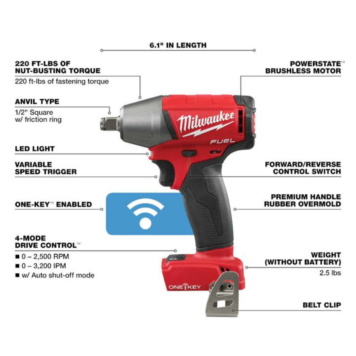 Milwaukee M18 FUEL 1/2 In. Compact Impact Wrench with Friction Ring with ONE-KEY (Bare Tool)
