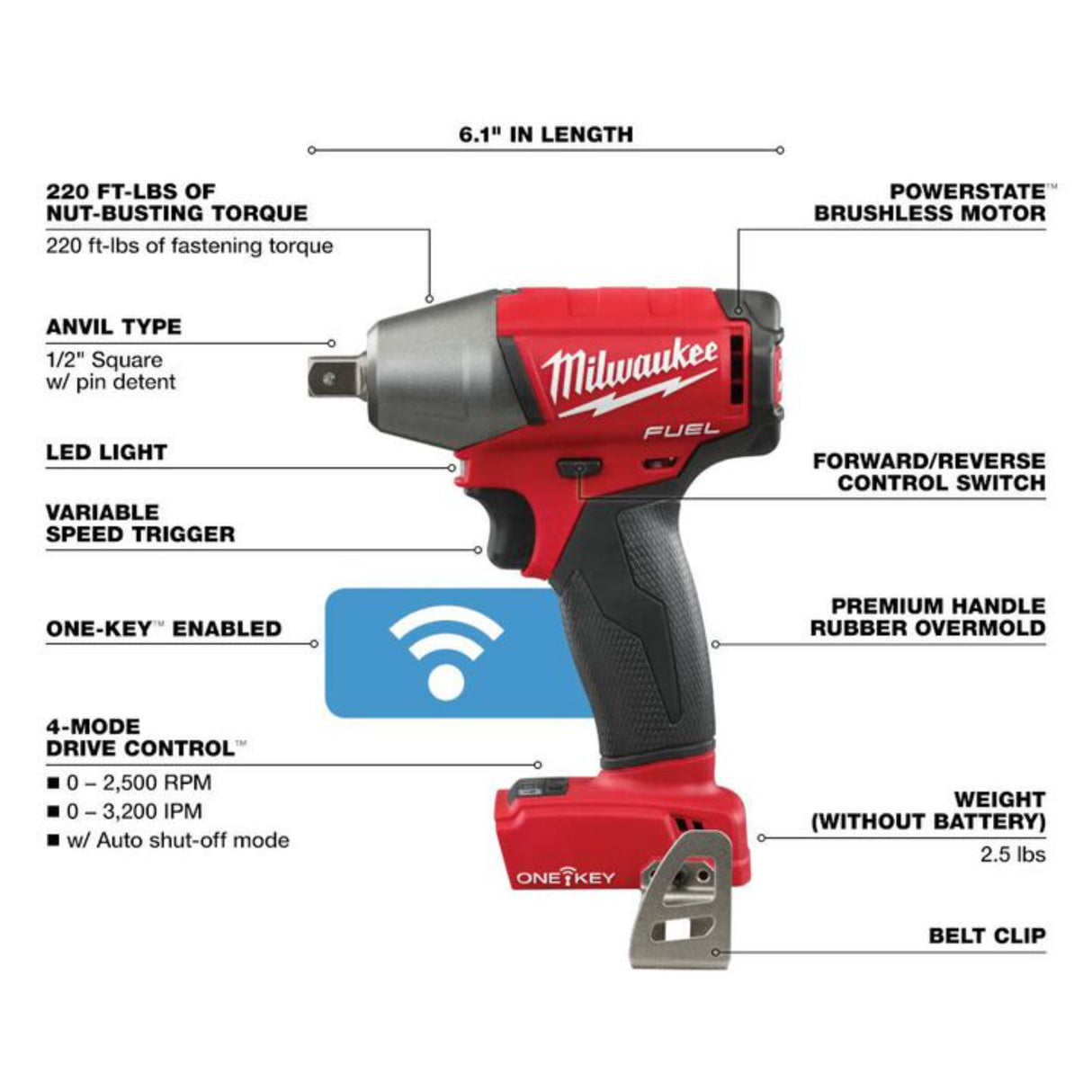 Milwaukee M18 FUEL 1/2 in. Compact Impact Wrench with Pin Detent with ONE-KEY (Bare Tool)