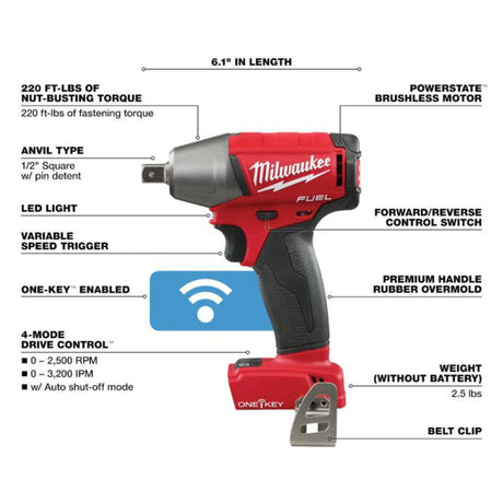 Milwaukee M18 FUEL 1/2 in. Compact Impact Wrench with Pin Detent with ONE-KEY (Bare Tool)