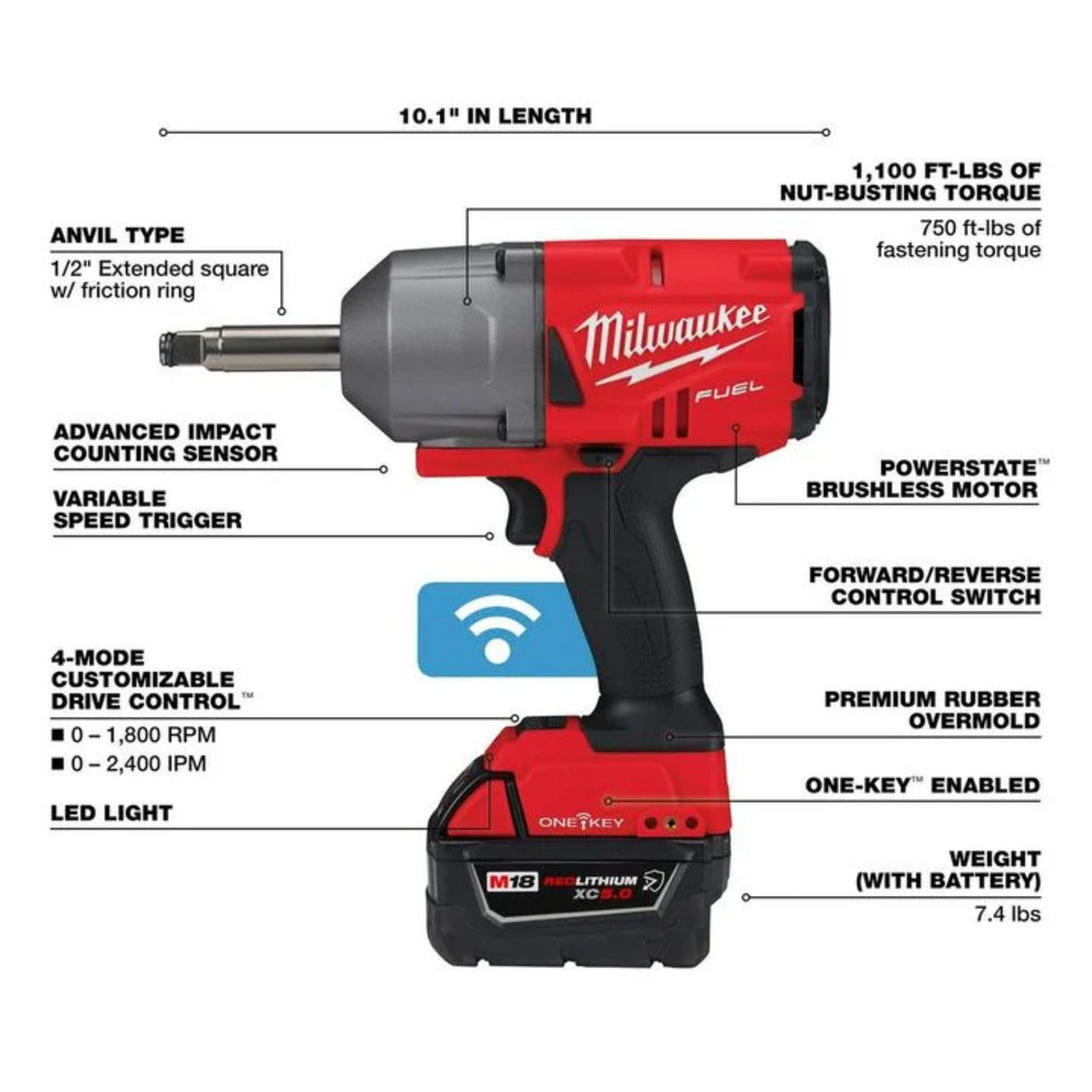 Milwaukee M18 FUEL 1/2 Inch Ext Anvil Controlled Torque Impact Wrench with ONE-KEY Kit