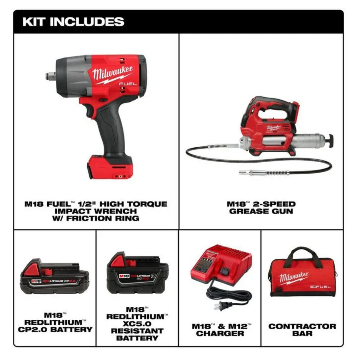 Milwaukee M18 FUEL 1/2in HighTorque Impact Wrench & Grease Gun Combo Kit