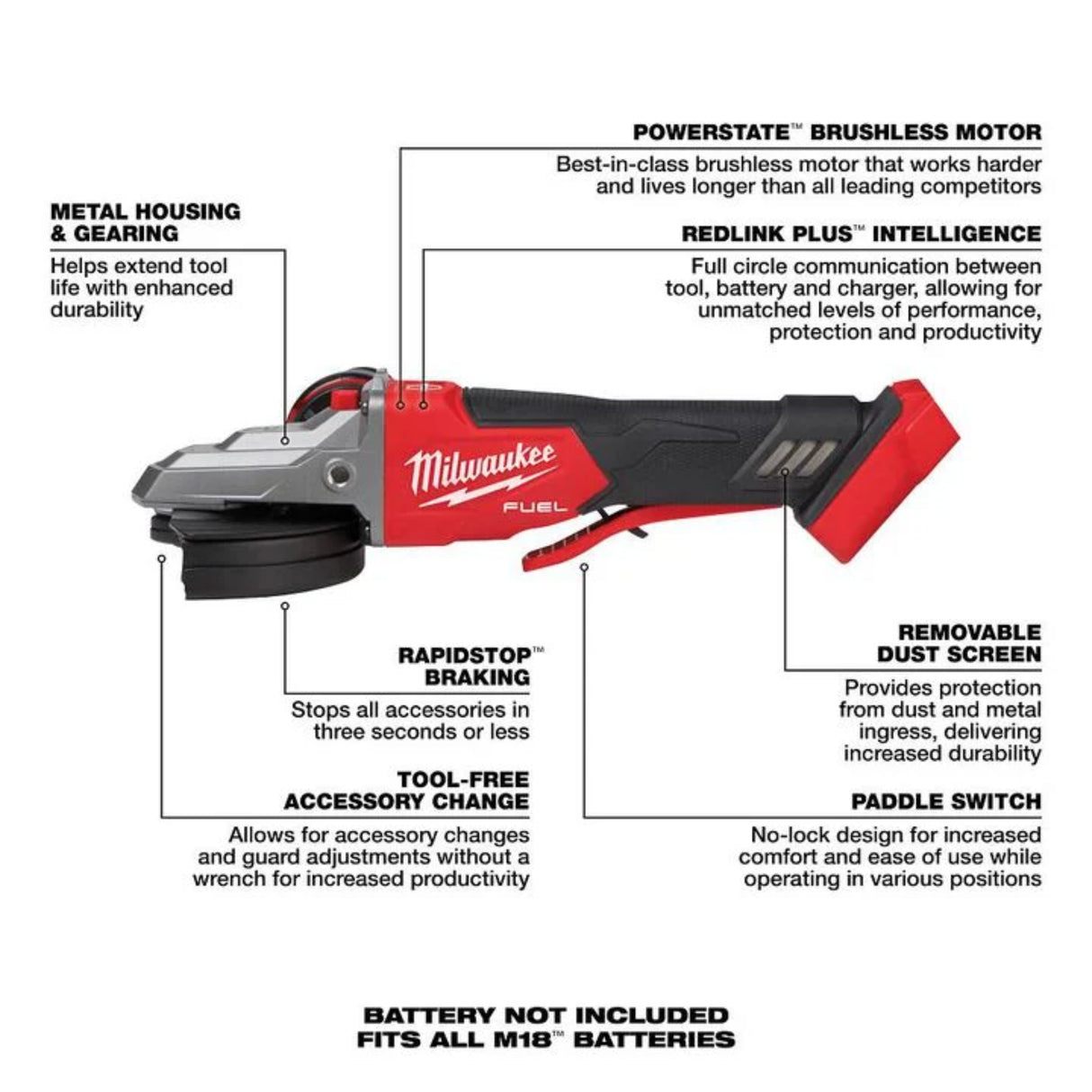 Milwaukee M18 FUEL 5inch Flathead Braking Grinder Paddle Switch No Lock (Bare Tool)